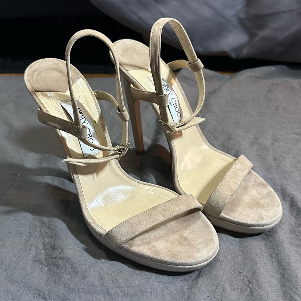 Jimmy Choo Claudette 4.75” Beige Suede Strappy Heels
